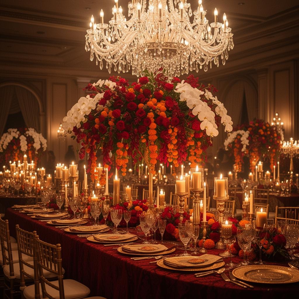Crystal chandelier above a long banquet table dressed in red and gold