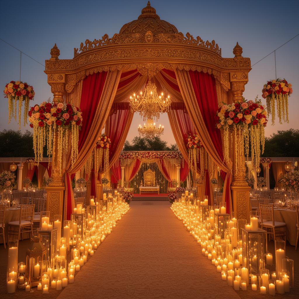 Grand mandap reception hall draped in red and gold with candlelit aisle